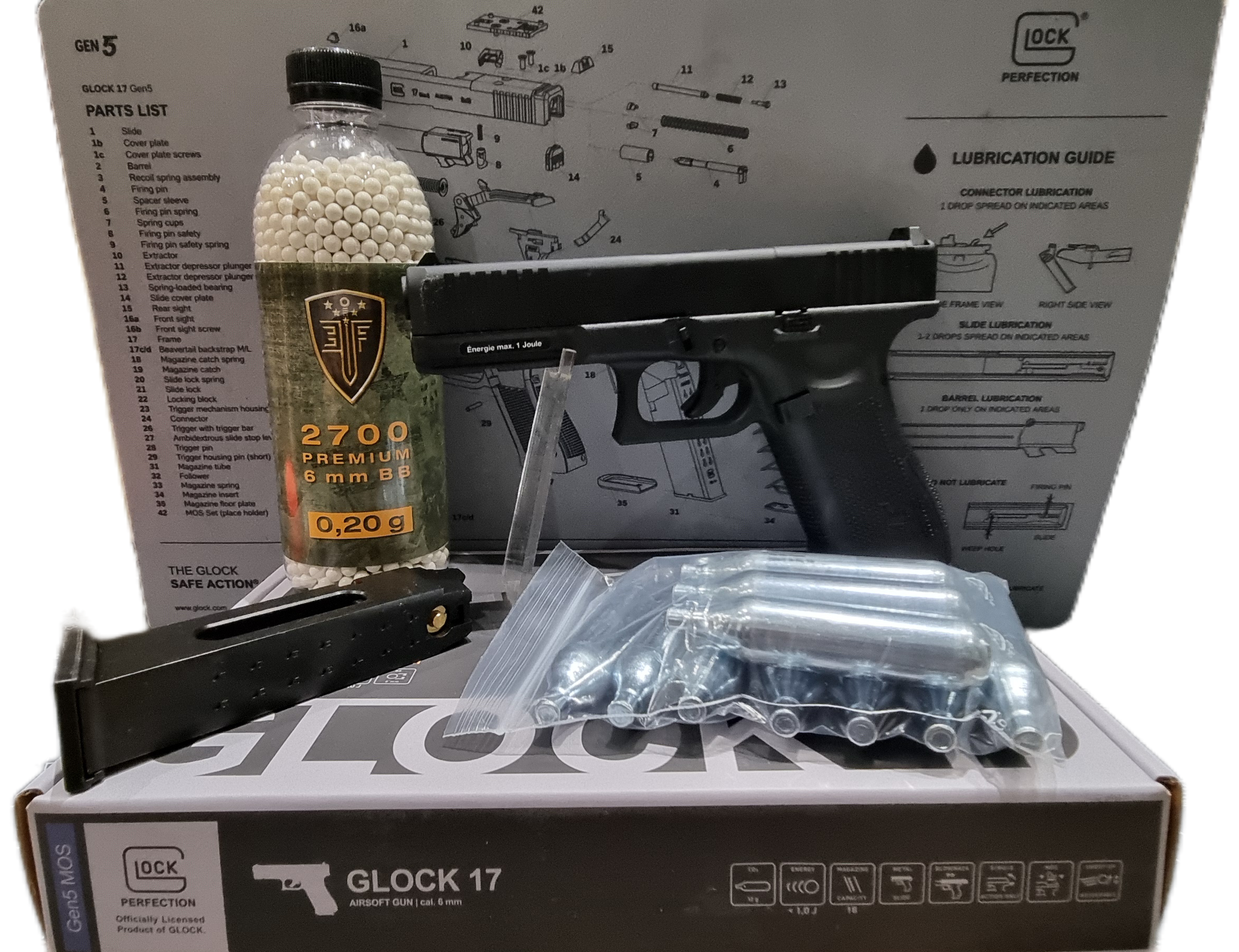 SPARSET GLOCK 17 Gen 5 6 mm AIRSOFT + 12g CO2 + 2700 ELITE FORCE 0,2g BB