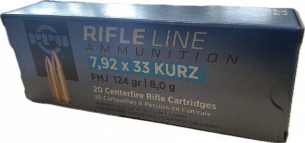 PPU RIFLE LINE - FMJ - 7,92x33 KURZ - 8,0G. / 124GRS. - BÜCHSENPATRONEN - 20 STÜCK